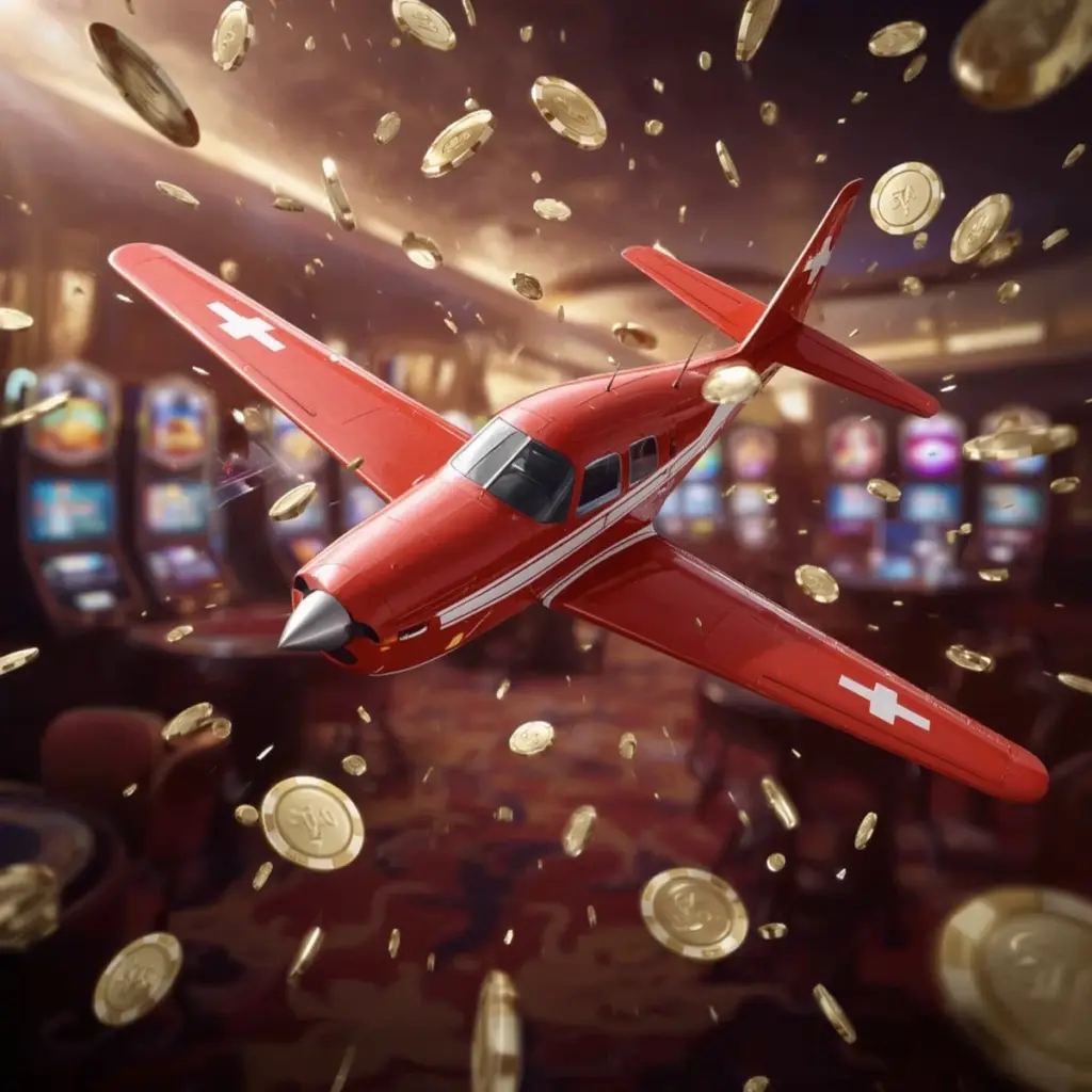 Red Aviator plane flying through casino with falling gold coins