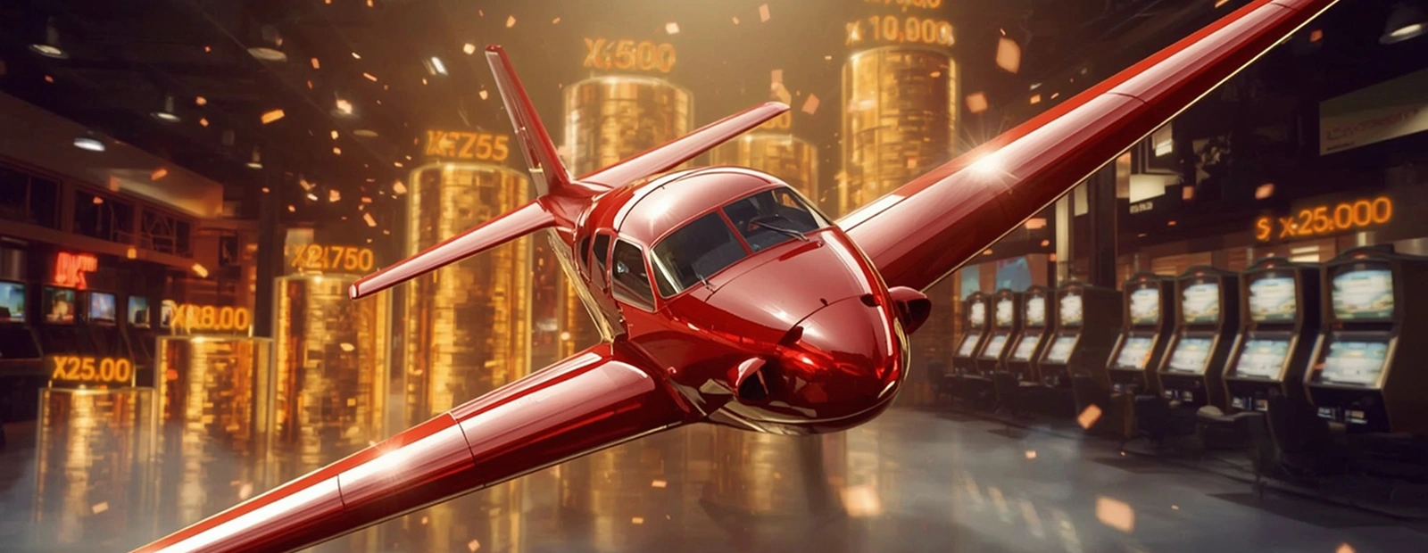 Aviator red plane speeding forward through exploding chips and bright lights