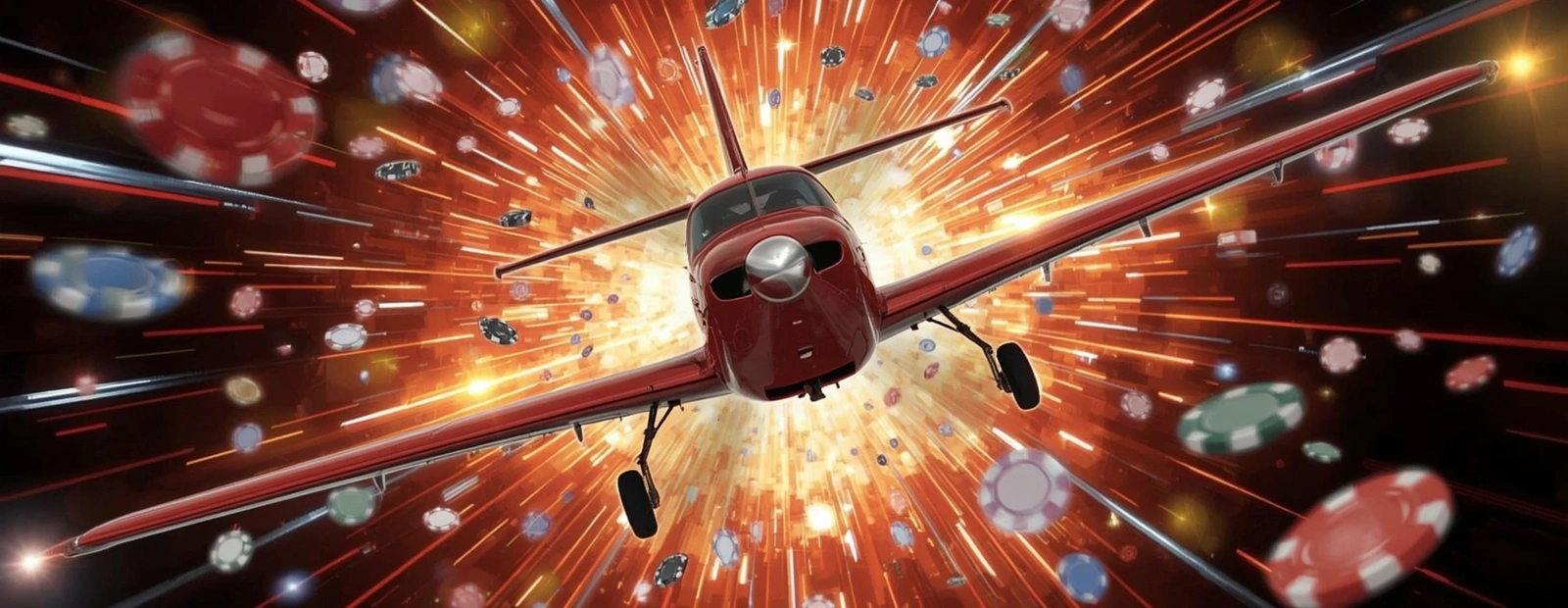 Aviator red plane speeding forward through exploding chips and bright lights