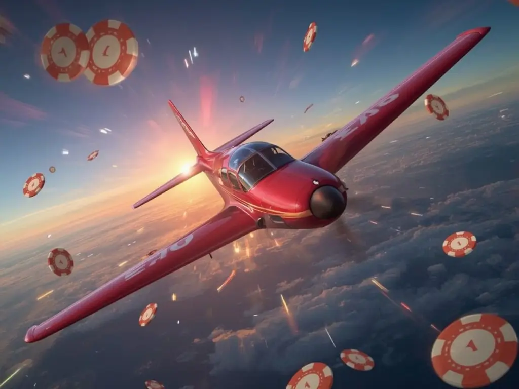 Red Aviator plane flying over clouds with casino chips around