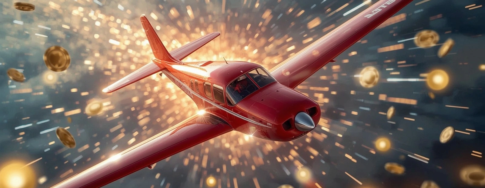 Red Aviator plane flying through bright exploding lights and golden casino tokens