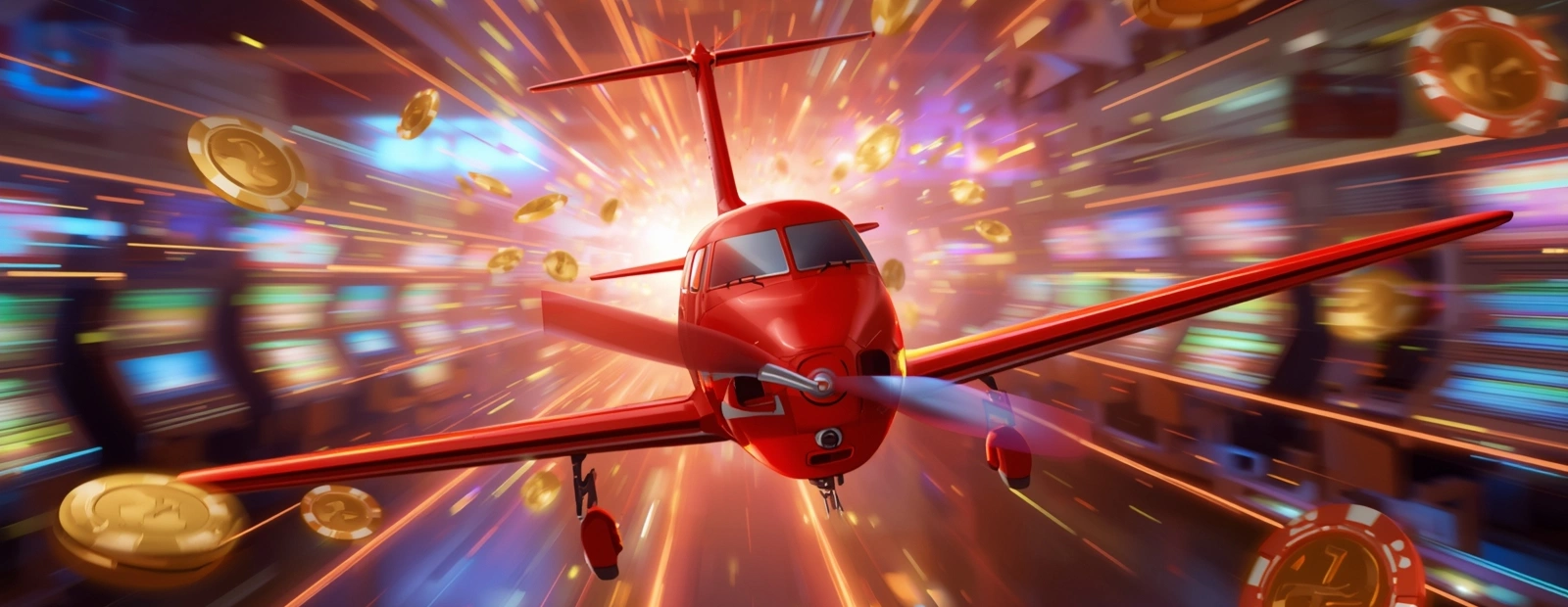 Red Aviator plane flying through casino coins and chips
