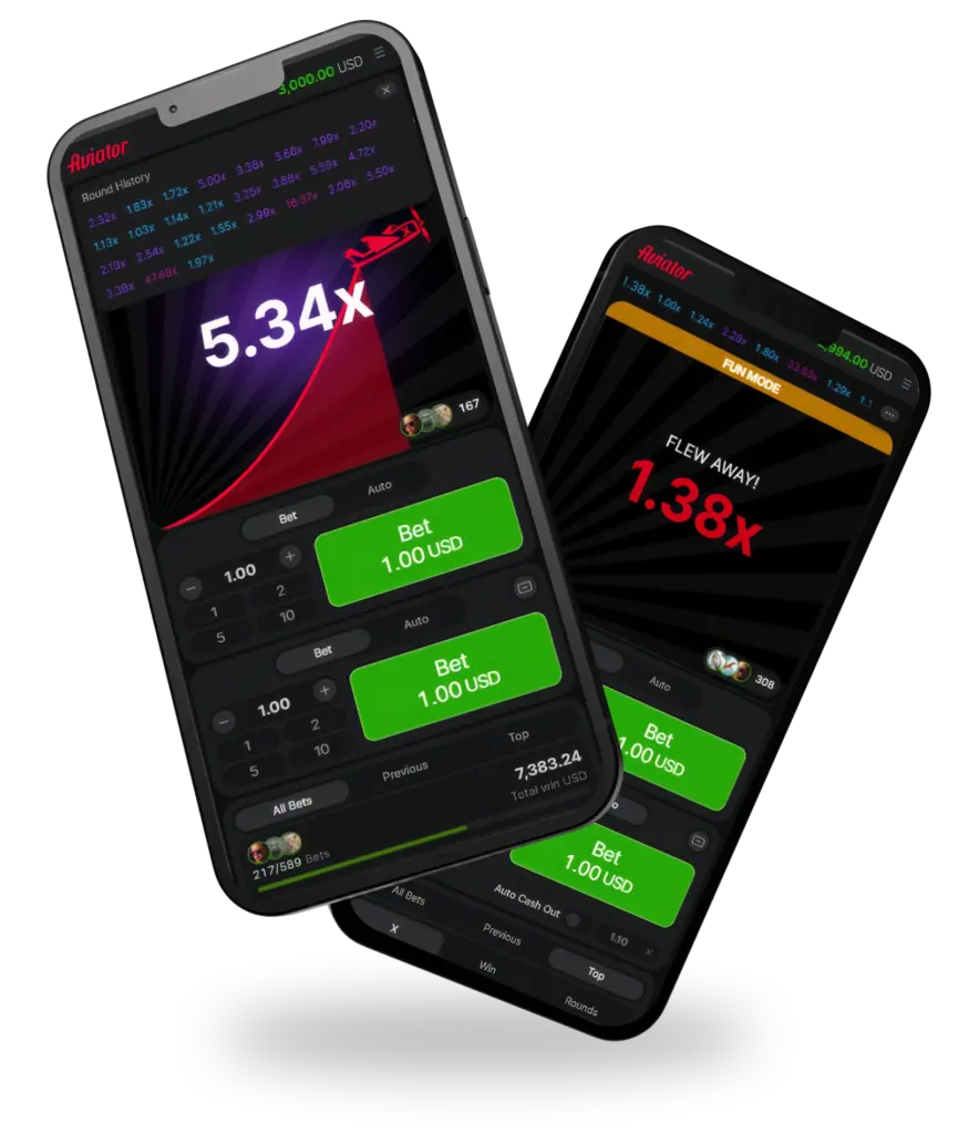 Two smartphones showing Aviator gameplay