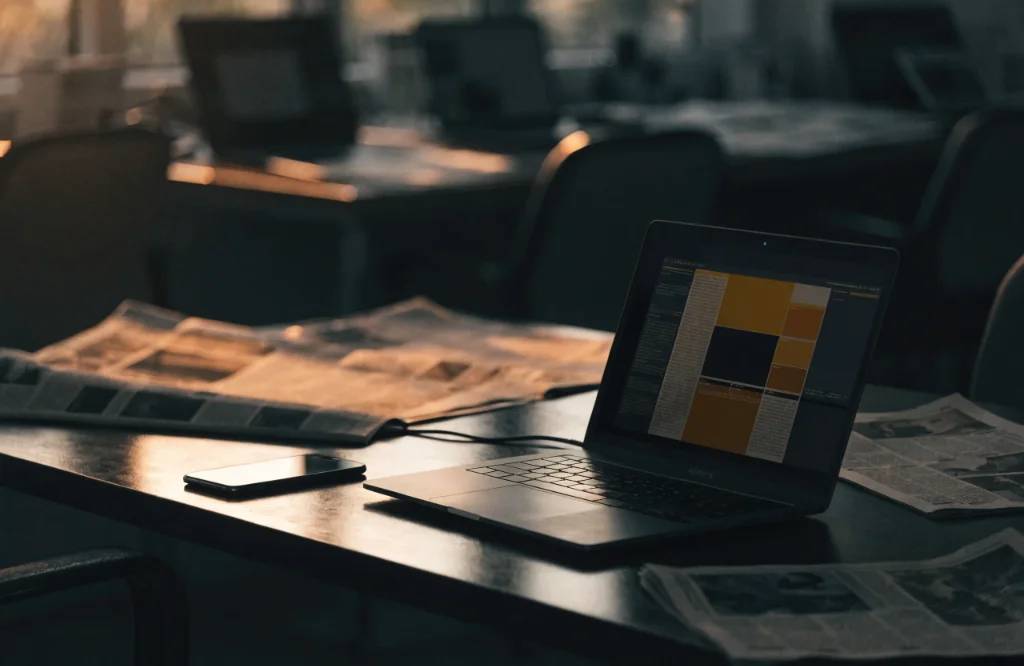 Newsroom desk with newspapers, laptop and phone