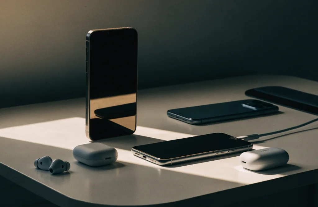 Smartphones and wireless accessories on a desk